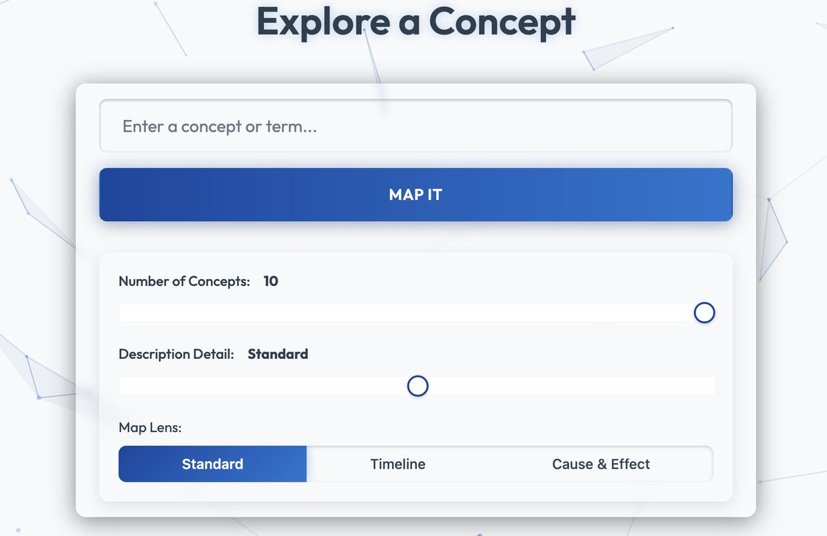 Concept_Mesh's tweet photo. 🚀 ConceptMesh v3 is live!
This version brings major upgrades:
✨ New UI 
🧠 Map Lens – Choose how you explore:
Standard (default conceptual view)
Timeline (see historical progression)
Cause &amp; Effect (understand root causes and outcomes) https://t.co/1TsusrTK7Y