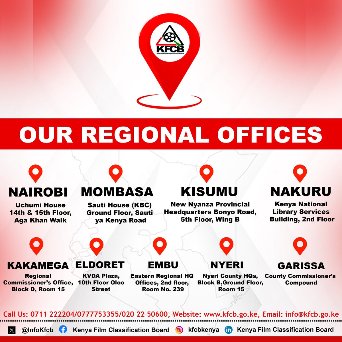 Kenya Film Classification Board (@infokfcb) on Twitter photo To ensure seamless service delivery, the <a href="/InfoKfcb/">Kenya Film Classification Board</a> (KFCB) has established regional offices across the country. Check the poster for detailed office locations. <a href="/Waziri_Mvurya/">H.E Salim_Mvurya, EGH.</a> <a href="/fikirini_jacobs/">Fikirini Jacobs</a> <a href="/NellyMuluka/">Nelly Muluka</a> <a href="/njogunjoroge1/">Njogu Wa Njoroge HSC</a> <a href="/marcosMasiga/">IAMMARCOS</a> #WeAreNearYou #SafeguardingYourRealWorld To ensure seamless service delivery, the <a href="/InfoKfcb/">Kenya Film Classification Board</a> (KFCB) has established regional offices across the country. Check the poster for detailed office locations. <a href="/Waziri_Mvurya/">H.E Salim_Mvurya, EGH.</a> <a href="/fikirini_jacobs/">Fikirini Jacobs</a> <a href="/NellyMuluka/">Nelly Muluka</a> <a href="/njogunjoroge1/">Njogu Wa Njoroge HSC</a> <a href="/marcosMasiga/">IAMMARCOS</a> #WeAreNearYou #SafeguardingYourRealWorld