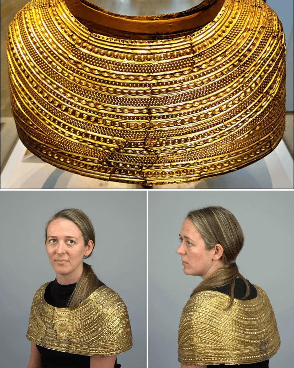 The Mold gold cape is a ceremonial cape of solid sheet-gold from Wales dating from about 1900–1600 BC, in the British Bronze Age. It was found at Bryn yr Ellyllon burial mound near Mold, Flintshire in 1833, and is now housed at the British Museum in London. 

#archaeohistories