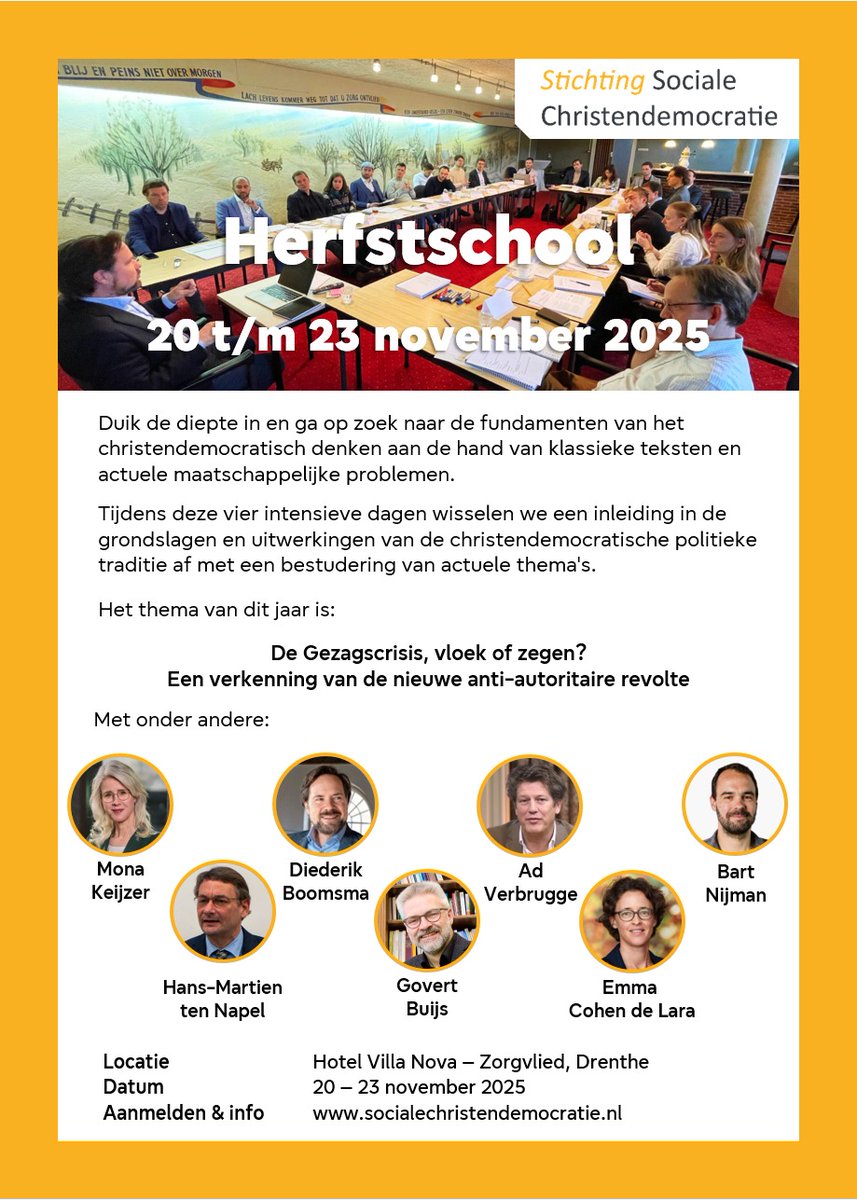 Ben je tussen 20 en 40 en geïnteresseerd in de christendemocratie? Meld je dan nu via socialechristendemocratie.nl aan voor onze herfstschool. We hebben weer een sterke line-up dit jaar met oa <a href="/MonaKeijzer/">Mona Keijzer</a> en <a href="/DiederikBoomsma/">Diederik Boomsma</a>. Zie de flyer voor meer info.