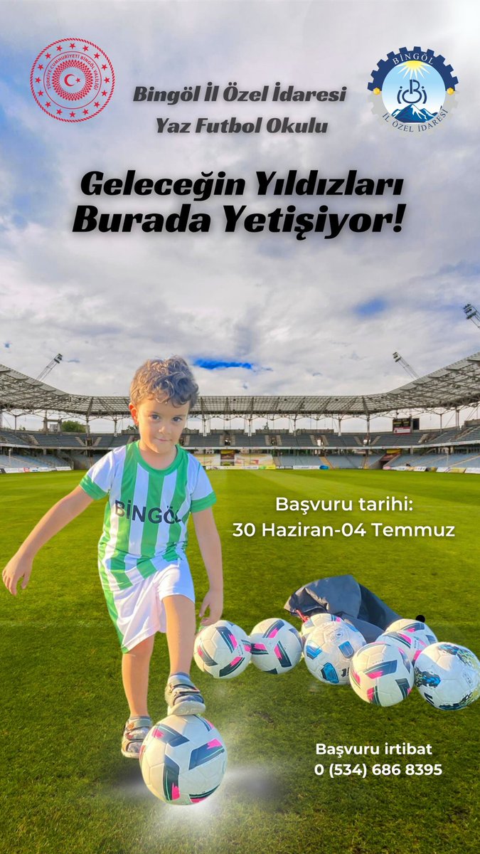 ⚽✔️ Çocuklar haydi sahaya, başlıyoruz!

Bingöl Valiliğimizin koordinesinde İl Özel İdaresi olarak geleneksel hale getirdiğimiz Yaz Futbol Okulu’nun kayıtları başlıyor. ✍🏼

Kültür ve Sosyal İşler birimimiz bünyesinde 5’incisini düzenleyeceğimiz Yaz Futbol Okulumuza 7-12 yaş