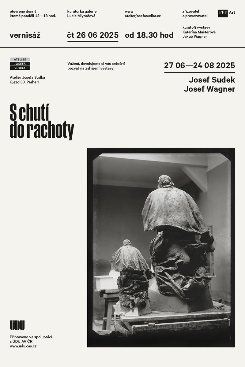 S chutí do rachoty / Ateliér Josefa Sudka
Výstava představí dva blízké přátele, Josefa Sudka a Josefa Wagnera a jejich spolupráci při fotografování Wagnerových soch v období od 30. do 50. let 20. stol. Připravili Katarína Mašterová #uduavcr a Jakub Wagner.
atelierjosefasudka.cz/cs/vystava/s-c…