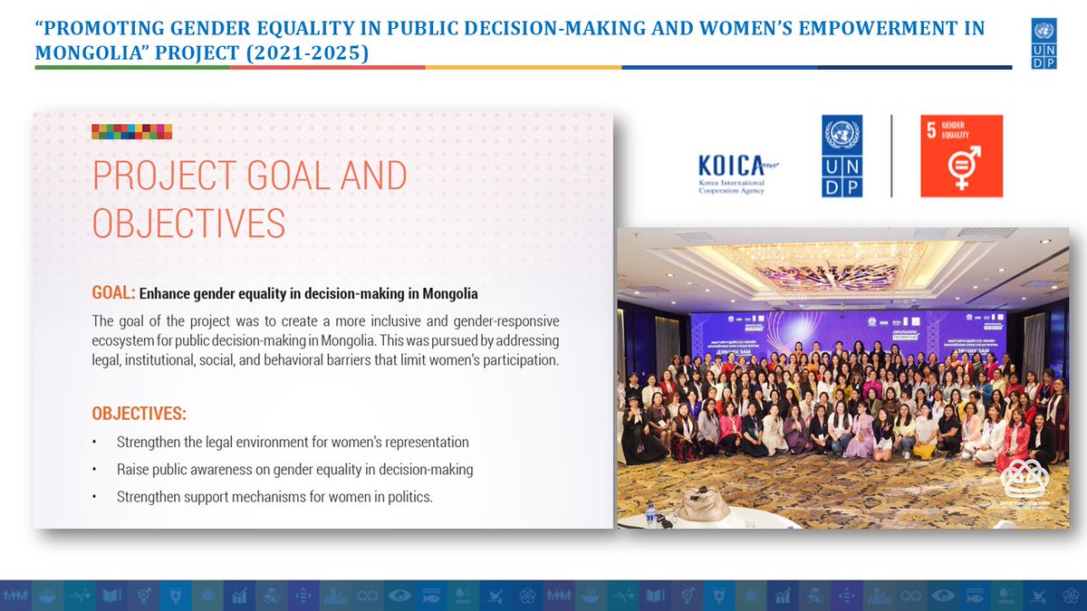 UNDPMongolia's tweet photo. We are pleased to share key results of 🇰🇷#KOICA-funded “Promoting Gender Equality in Public Decision-Making &amp; Women’s Empowerment in #Mongolia” project (2021–2025). 🙏to all our partners for their collaboration &amp; efforts to advance #GenderEquality in 🇲🇳

👉https://t.co/uPFxjt2aZz https://t.co/meOInfVvBT