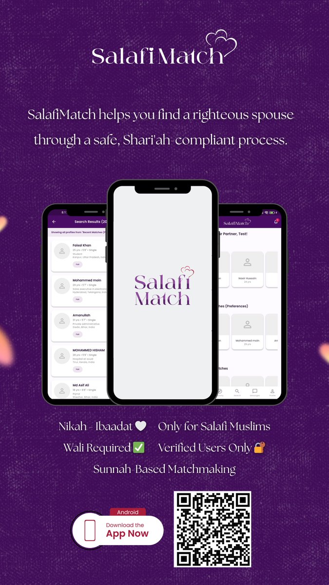 Alhamdulillah, SalafiMatch is live.

App link: play.google.com/store/apps/det…

We didn't build this for everyone. We built it for a specific community with specific needs.
This is for the Muslim who follows the manhaj-e-salaf.
Here's what makes it different: 🧵👇

Here's what makes it