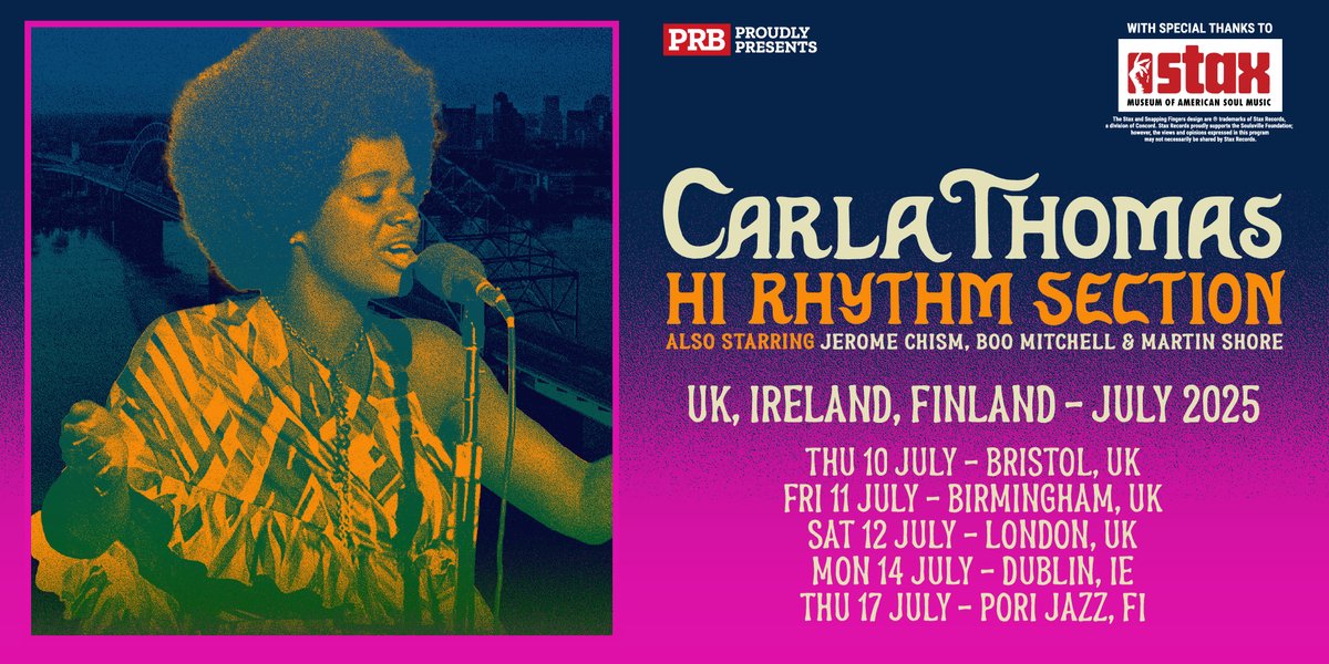 PRB Presents (@prbpresents) on Twitter photo Excited to announce that <a href="/StaxMuseum/">Stax Museum</a> have endorsed <a href="/tmttrfilm/">Take Me to the River</a> UK/IE/FI July tour with Carla Thomas , Hi Rhythm Section + special guests.
Tickets : takemetotheriver.org/tour Excited to announce that <a href="/StaxMuseum/">Stax Museum</a> have endorsed <a href="/tmttrfilm/">Take Me to the River</a> UK/IE/FI July tour with Carla Thomas , Hi Rhythm Section + special guests.
Tickets : takemetotheriver.org/tour