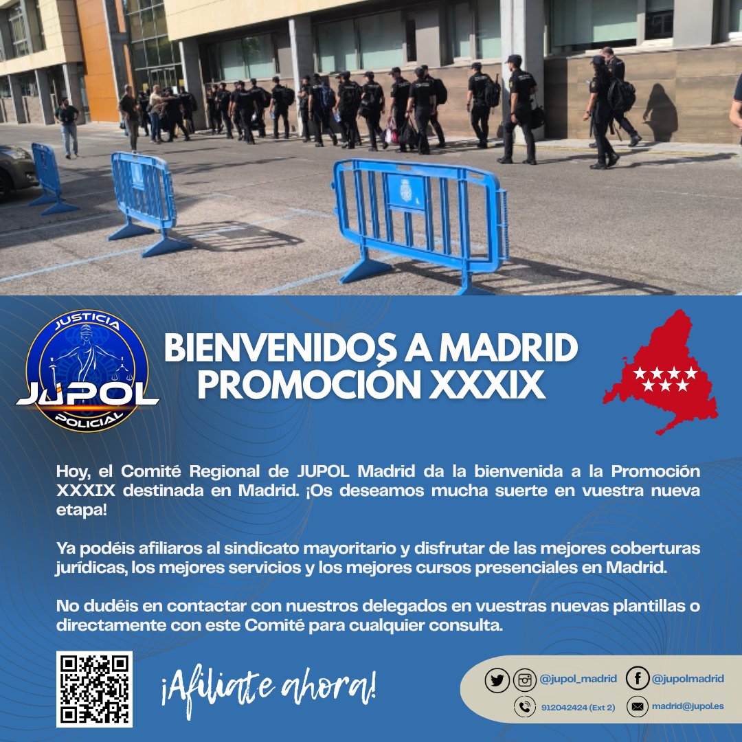 Jupol_Madrid's tweet photo. 🚔 Hoy, el Comité Regional de JUPOL Madrid da la bienvenida a la Promoción XXXIX destinada en Madrid. ¡Mucha suerte en esta nueva etapa! 🙌

✅ Afíliate al sindicato mayoritario y disfruta de la mejor cobertura jurídica, servicios y cursos presenciales. ¡Estamos para ayudarte! 💪 https://t.co/OJWNbPMRXk