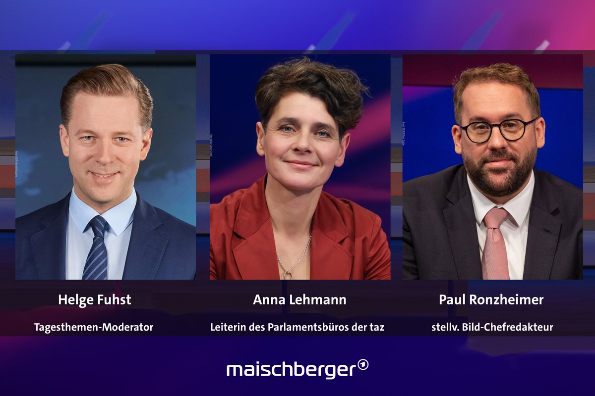 Maischberger (@maischberger) on Twitter photo Es kommentieren heute bei #maischberger der <a href="/tagesthemen/">tagesthemen</a>-Moderator Helge #Fuhst, die Leiterin des Parlamentsbüros der <a href="/tazgezwitscher/">taz</a> Anna Lehmann (<a href="/ale_notbeer/">Anna Lehmann</a>) und der stellvertretende @Bild-Chefredakteur und Kriegsreporter Paul @Ronzheimer.
📺 Um 22:30 Uhr im Ersten Es kommentieren heute bei #maischberger der <a href="/tagesthemen/">tagesthemen</a>-Moderator Helge #Fuhst, die Leiterin des Parlamentsbüros der <a href="/tazgezwitscher/">taz</a> Anna Lehmann (<a href="/ale_notbeer/">Anna Lehmann</a>) und der stellvertretende @Bild-Chefredakteur und Kriegsreporter Paul @Ronzheimer.
📺 Um 22:30 Uhr im Ersten