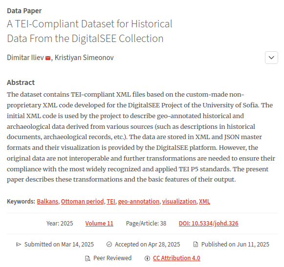 Journal of Open Humanities Data (JOHD) (@up_johd) on Twitter photo #johdpapers
Newly published #datapaper 🌟
📰"A TEI-Compliant Dataset for Historical Data From the DigitalSEE Collection"
🖊️<a href="/Dimitar_Illiev/">Dimitar Iliev</a> & Kristiyan Simeonov
👀👉doi.org/10.5334/johd.3…
#TEI #xml #visualization #geoannotation #Balkans #johdpapers
Newly published #datapaper 🌟
📰"A TEI-Compliant Dataset for Historical Data From the DigitalSEE Collection"
🖊️<a href="/Dimitar_Illiev/">Dimitar Iliev</a> & Kristiyan Simeonov
👀👉doi.org/10.5334/johd.3…
#TEI #xml #visualization #geoannotation #Balkans