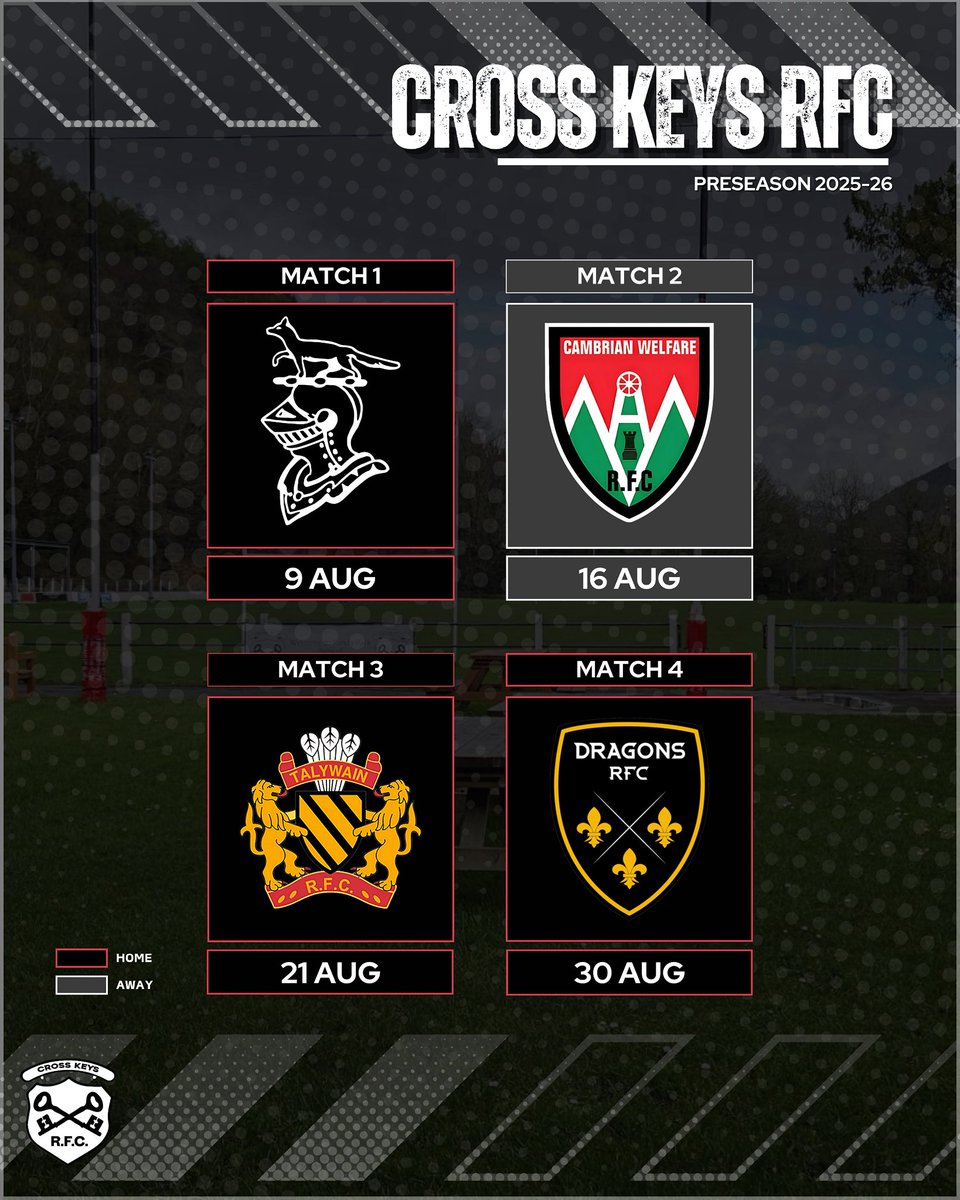 Cross Keys RFC (@crosskeysrfc) on Twitter photo ๐ฃ๐ฅ๐๐ฆ๐๐๐ฆ๐ข๐ก ๐๐๐ซ๐ง๐จ๐ฅ๐๐ฆ ๐ฎ๐ฌ๐ฎ๐ฑ-๐ฎ๐ฒ ๐
Sat 9th Aug | vs <a href="/Luctonians/">Luctonians</a> (H)
Sat 16th Aug | vs @CambrianWelfar1 (A)
Thurs 21st Aug | vs <a href="/Talywain_RFC/">Talywain RFC</a> (H)
Sat 30th Aug | vs <a href="/Dragons_Academy/">Dragons Academy</a> (H)
#CrossKeysRFC // #Rugby // #UpTheKeys ๐๏ธ ๐ฃ๐ฅ๐๐ฆ๐๐๐ฆ๐ข๐ก ๐๐๐ซ๐ง๐จ๐ฅ๐๐ฆ ๐ฎ๐ฌ๐ฎ๐ฑ-๐ฎ๐ฒ ๐
Sat 9th Aug | vs <a href="/Luctonians/">Luctonians</a> (H)
Sat 16th Aug | vs @CambrianWelfar1 (A)
Thurs 21st Aug | vs <a href="/Talywain_RFC/">Talywain RFC</a> (H)
Sat 30th Aug | vs <a href="/Dragons_Academy/">Dragons Academy</a> (H)
#CrossKeysRFC // #Rugby // #UpTheKeys ๐๏ธ