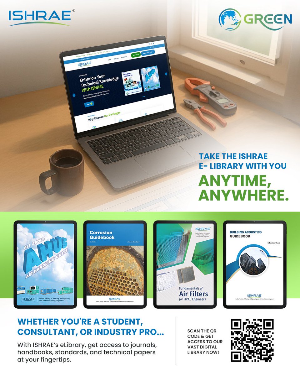 Power up your HVAC knowledge — anytime, anywhere.

💻 From AHUs to acoustics, corrosion to filters — it’s all in one place.

🔗 Explore now at elibrary.ishrae.in

#ISHRAEeLibrary #SmartLearning #HVACResources #EngineeringKnowledge #SustainableCooling #HVACIndia