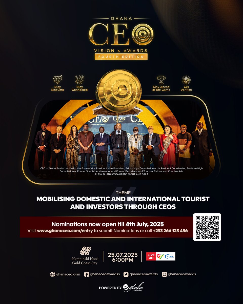 It's The 4th Edition! Select a category that fits your leader for the 2025 Ghana CEO Awards. Visit ghanaceo.com/entry/ to submit your entries before Friday, 4thJuly 2025. Call 0266123456 for more info. #GhanaCEOAwards25
