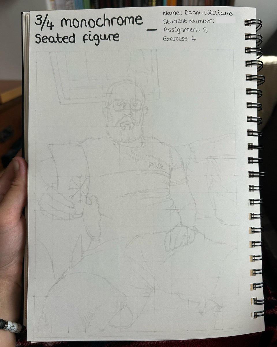 drawingsbydanni's tweet photo. My final exercise for my 2nd assignment is a 3/4 monochrome drawing of a seated figure.

All gridded up and sketched out, now time to get into it properly. I am super excited about this one! This drawing will be titled “Alex at home”❤️

#portraiture #LondonArtCollege #artstudent https://t.co/b7CVyloMqV