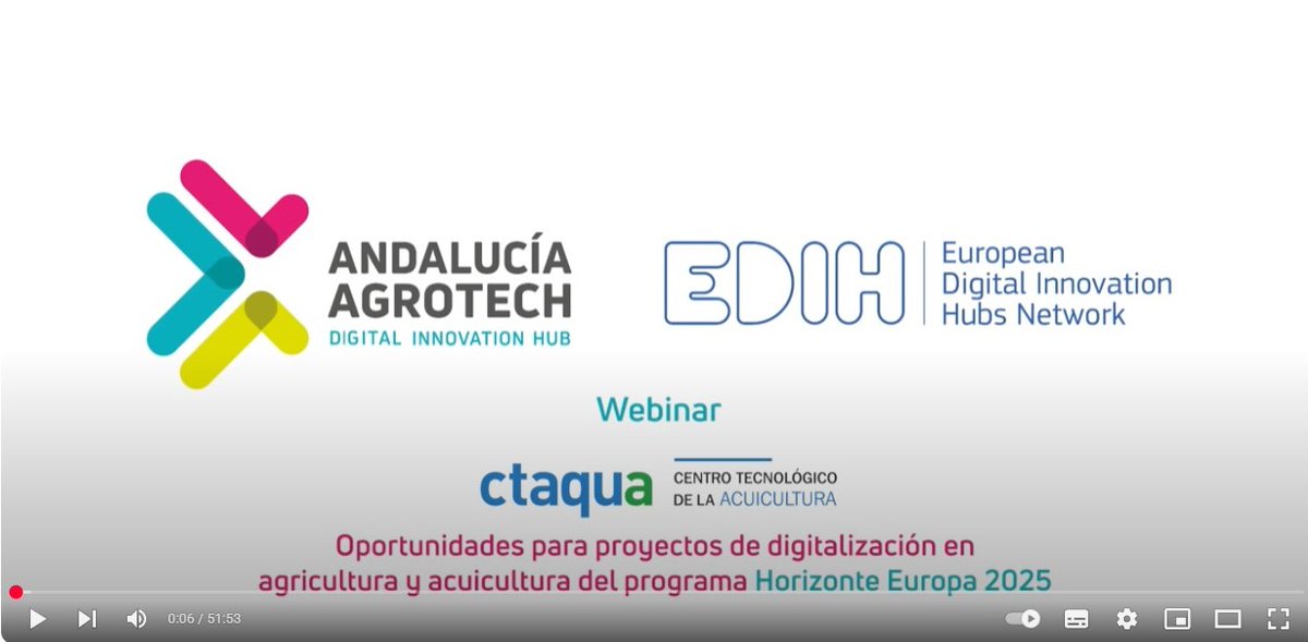 Smart Biosystems Laboratory (@smartbiolab) on Twitter photo 🚨Descubre este webinar organizado por <a href="/Ctaqua_CT/">CTAQUA-Acuicultura</a> sobre las OPORTUNIDADES PARA PROYECTOS DE DIGITALIZACIÓN 💻en #agricultura🌱🌱 y #acuicultura💦 dentro del programa Horizonte Europa 2025.
<a href="/DIHAndAgrotech/">Andalucía Agrotech DIH</a> <a href="/edih_net/">European Digital Innovation Hubs Network</a>
youtube.com/watch?v=Z5QQxW… 🚨Descubre este webinar organizado por <a href="/Ctaqua_CT/">CTAQUA-Acuicultura</a> sobre las OPORTUNIDADES PARA PROYECTOS DE DIGITALIZACIÓN 💻en #agricultura🌱🌱 y #acuicultura💦 dentro del programa Horizonte Europa 2025.
<a href="/DIHAndAgrotech/">Andalucía Agrotech DIH</a> <a href="/edih_net/">European Digital Innovation Hubs Network</a>
youtube.com/watch?v=Z5QQxW…