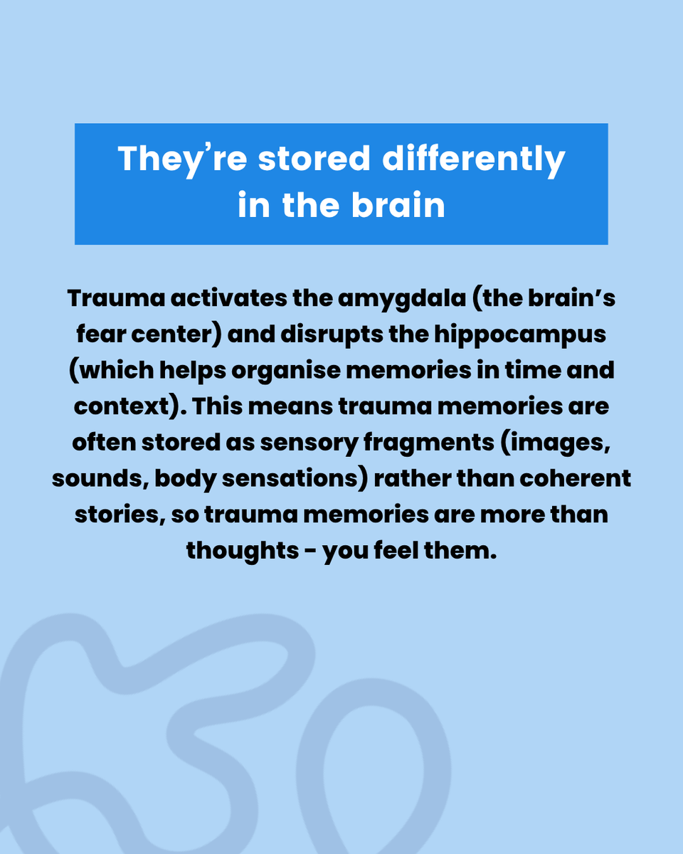 BlueKnotOrg's tweet image. Trauma memories aren&apos;t like normal memories, they stay with you and can feel like they’re still happening. The below slides explain why. 

For trauma and memory fact sheets, click here: bit.ly/4eoaiVk #BlueKnot #ComplexTrauma #TraumaMemories