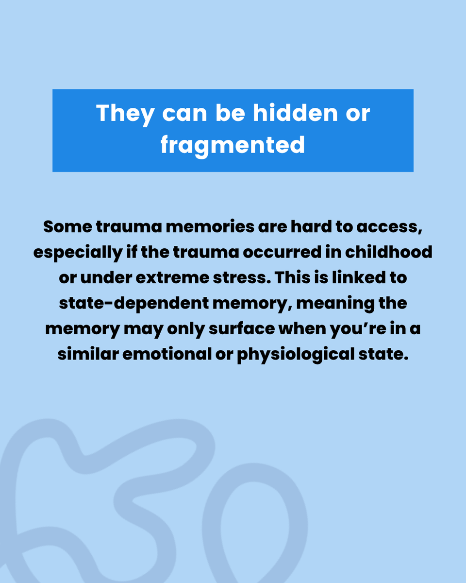 BlueKnotOrg's tweet image. Trauma memories aren&apos;t like normal memories, they stay with you and can feel like they’re still happening. The below slides explain why. 

For trauma and memory fact sheets, click here: bit.ly/4eoaiVk #BlueKnot #ComplexTrauma #TraumaMemories