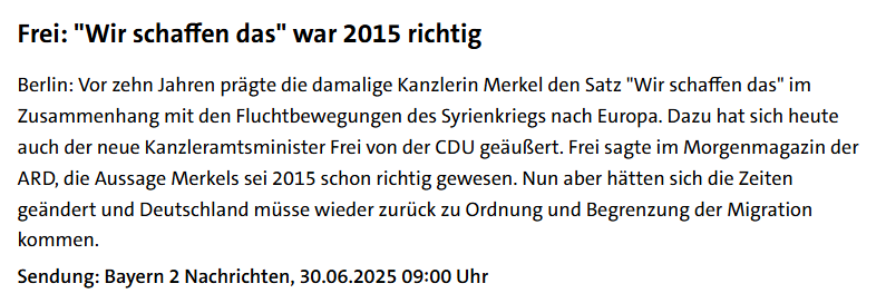 "Wir schaffen das" war 2015 richtig, so der neue Kanzleramtsminister Thorsten Frei #CDU heute in der ARD. Vor zehn Jahren prägte die damalige Kanzlerin #Merkel den Satz im Zusammenhang mit den Fluchtbewegungen des Syrienkriegs nach Europa. - via <a href="/BR24/">BR24</a>