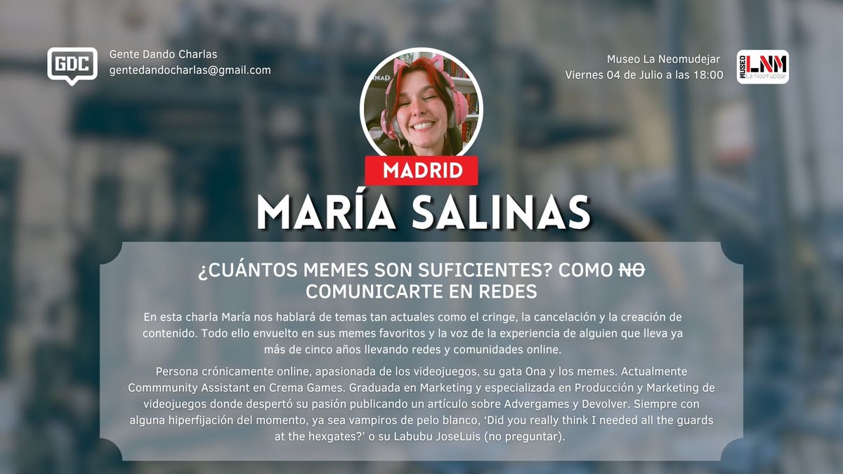 ✨GENTE DANDO CHARLAS✨

📍@laneomudejar (Madrid) 
📆 4 de Julio a las 18:00  

ENTRADA LIBRE DE AFORO  

Nuestra segunda ponencia, con <a href="/itsmmmmaria/">maría</a>, que nos a colado una charla sobre sus memes favoritos.