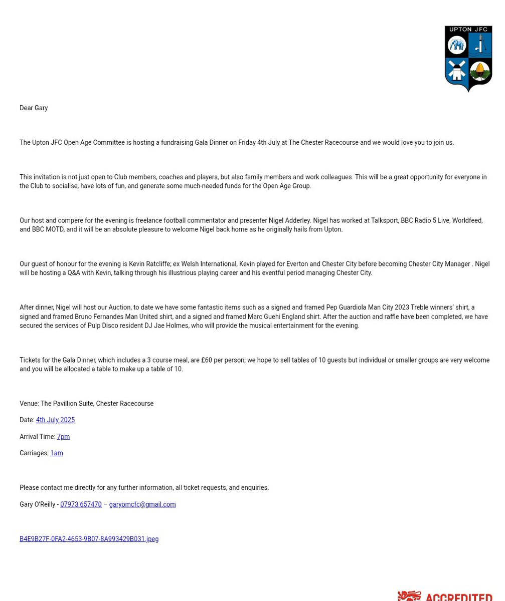 Upton JFC Open Age (@uptonjfc_blues) on Twitter photo Unfortunately, due to a family situation, we have 1 table returned unsold for Friday's fundraiser with <a href="/KevRatcliffe4/">Kevin Ratcliffe</a> & <a href="/nadderley/">Nigel Adderley</a>. Anyone fancy it? Can spilt the table too. <a href="/chestertweetsuk/">#chestertweets</a> <a href="/ShitChester/">12 years of Shitchester</a> <a href="/ChesterFC/">Chester FC</a> <a href="/UptonJFC/">Upton JFC</a> <a href="/HootonFc/">Hooton FC</a> <a href="/CWFL_Info/">CWFL</a> <a href="/CheshireFL/">Cheshire Football League β½οΈ</a> <a href="/WestCheshireLge/">Go2Day West Cheshire League</a> Unfortunately, due to a family situation, we have 1 table returned unsold for Friday's fundraiser with <a href="/KevRatcliffe4/">Kevin Ratcliffe</a> & <a href="/nadderley/">Nigel Adderley</a>. Anyone fancy it? Can spilt the table too. <a href="/chestertweetsuk/">#chestertweets</a> <a href="/ShitChester/">12 years of Shitchester</a> <a href="/ChesterFC/">Chester FC</a> <a href="/UptonJFC/">Upton JFC</a> <a href="/HootonFc/">Hooton FC</a> <a href="/CWFL_Info/">CWFL</a> <a href="/CheshireFL/">Cheshire Football League β½οΈ</a> <a href="/WestCheshireLge/">Go2Day West Cheshire League</a>