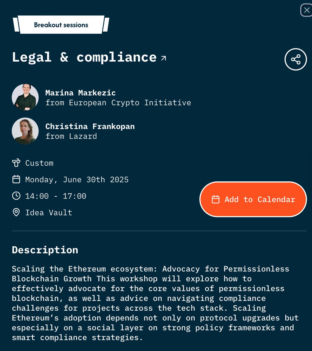 Marina Markezic (@marinamarkezic) on Twitter photo Gm Cannes ⛵️🌞
Join the brilliant <a href="/nichnachnoch/">Christina Frankopan (😈,😇)</a> and me for the workshop on Policy & Compliance we are hosting today at the <a href="/EthCC/">EthCC - Ethereum Community Conference</a> at 2.00 pm, Idea Vault
We'll have legal & policy experts answering the question: Can policy and right compliance strategies help scale Ethereum? Gm Cannes ⛵️🌞
Join the brilliant <a href="/nichnachnoch/">Christina Frankopan (😈,😇)</a> and me for the workshop on Policy & Compliance we are hosting today at the <a href="/EthCC/">EthCC - Ethereum Community Conference</a> at 2.00 pm, Idea Vault
We'll have legal & policy experts answering the question: Can policy and right compliance strategies help scale Ethereum?