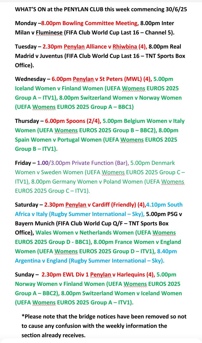 What's on at the Penylan Club w/c 30/6/25.