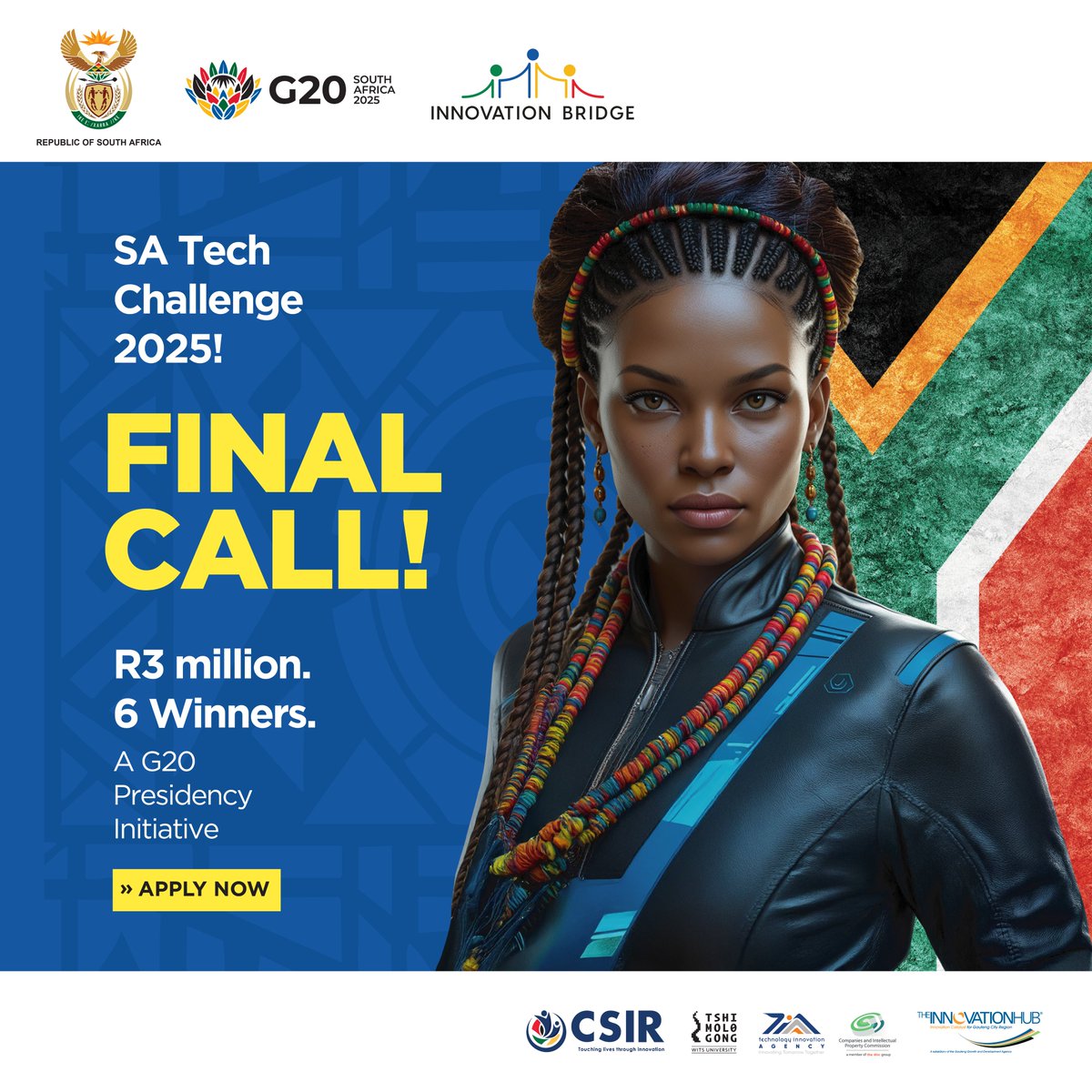 bridge_portal's tweet image. It’s now or never! Applications for #SATechChallenge2025 close TONIGHT!
Global exposure, mentorship &amp;amp; R3M in prizes await.
Apply now: satechchallenge.co.za
#SATechChallenge2025 #SAInnovation #G20DIA #TechForGood #DigitalTransformation #InnovationBridge #finalcall