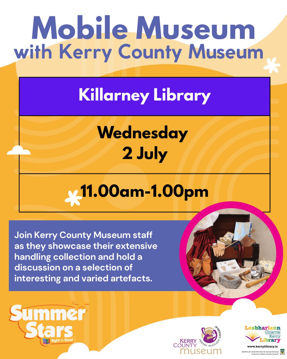 Kerry Library - www.kerrylibrary.ie (@kerrylibrary) on Twitter photo Kerry County Museum are taking their mobile museum on the road.
Drop in to see the extensive handling collection and discuss the interesting and varied artefacts with <a href="/KerryCoMuseum/">Kerry County Museum</a> expert staff.
Killarney Library, 11am-1pm, Wednesday 2 July.
#SummerStars Kerry County Museum are taking their mobile museum on the road.
Drop in to see the extensive handling collection and discuss the interesting and varied artefacts with <a href="/KerryCoMuseum/">Kerry County Museum</a> expert staff.
Killarney Library, 11am-1pm, Wednesday 2 July.
#SummerStars
