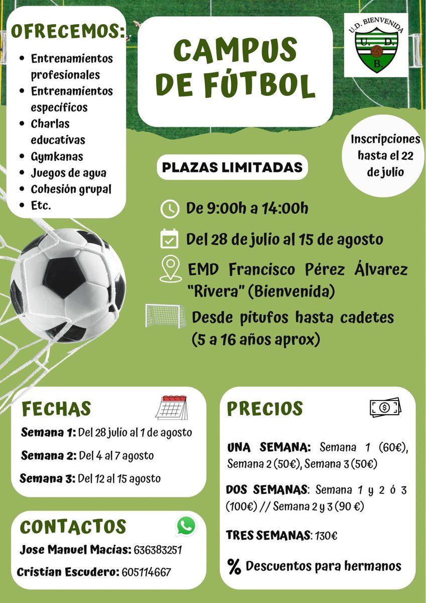 CAMPUS FÚTBOL UDB

⚽️Llegó la cita más esperada del verano
🥅Entrenamientos, charlas, gymkanas… y mucha diversión
🏟️De pitufos a cadetes
🗓️Tres semanas de diversión 
📲<a href="/CrisEscuderoM/">Cristian Escudero</a> y <a href="/josemabienve04/">maci</a> 

Apúntate a #EsoQueTeVuelveLoco💚🤍