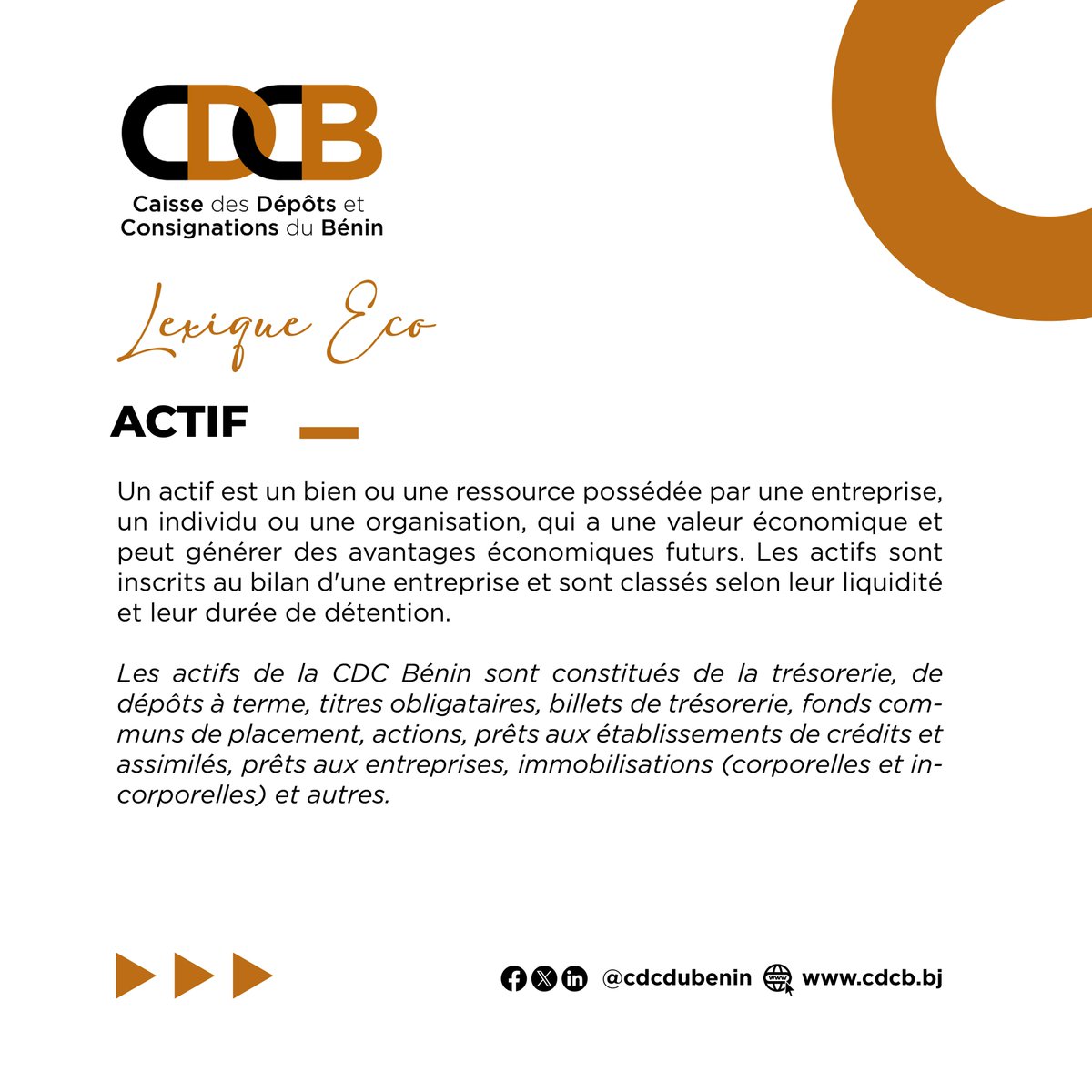 "ACTIF", est l'expression à découvrir ce lundi dans la rubrique #LexiqueEco. Que signifie ce terme et dans quel contexte l'utilise-t-on ?

Prenez rendez-vous la semaine prochaine afin de découvrir une nouvelle expression de nos métiers.

<a href="/cdcdubenin/">Caisse des Dépôts et Consignations du Bénin</a>