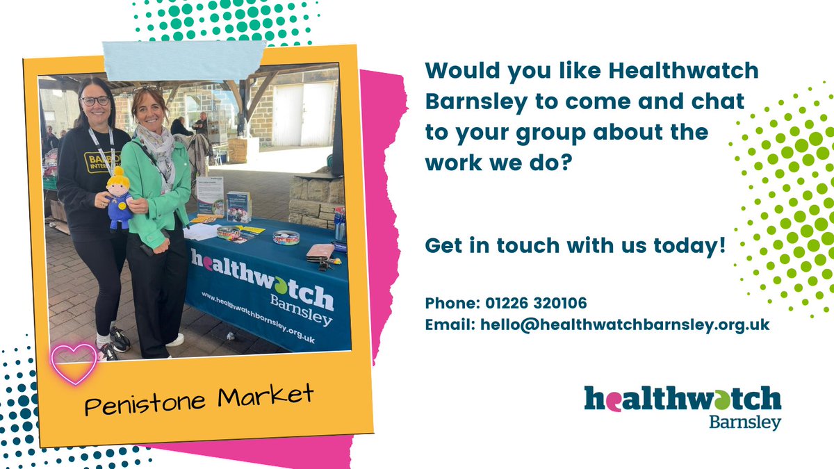 Healthwatch Barnsley (@hwatchbarnsley) on Twitter photo Our Healthwatch Barnsley Engagement team would love to come to your community group or charity and talk about how our work can help you.
Get in touch with us today!
Phone: 01226 320106
Email: hello@healthwatchbarnsley.org.uk
#BecauseWeAllCare #LoveBarnsley Our Healthwatch Barnsley Engagement team would love to come to your community group or charity and talk about how our work can help you.
Get in touch with us today!
Phone: 01226 320106
Email: hello@healthwatchbarnsley.org.uk
#BecauseWeAllCare #LoveBarnsley