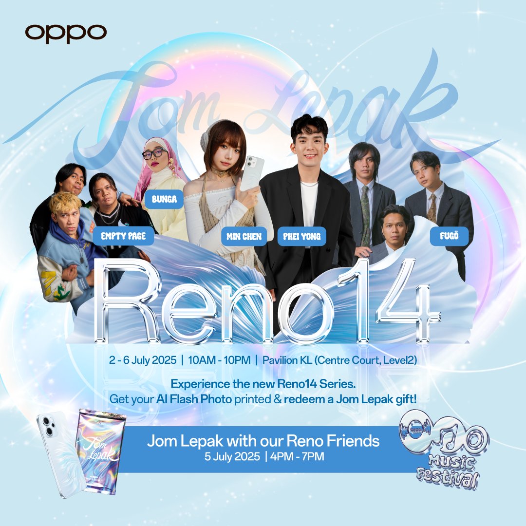 #OPPOReno14Series5G Roadshow is rolling in from 2–6 July at Pavilion Kuala Lumpur

We’re bringing you activities, promos, and straight-up vibes with artist performances and special appearances by Phei Yong &amp; Min Chen 🔥

Stay tuned for the full deets #JomLepakwOPPO