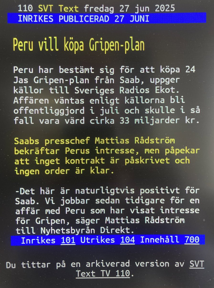mattiasr70's tweet image. Att vara med i gamla hederliga Text-TV, det är stort. #Säkpol @Saab