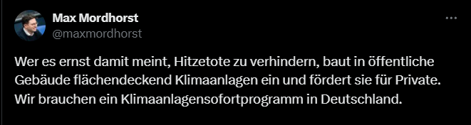Wärmepumpe: Erzeugt primär Hitze, kann aber auch kühlen.
Klimaanlage: Erzeugt Kälte, kann aber auch heizen.

Eins von beidem hat seine Partei permanent verteufelt, weil es von den Grünen kam. Das andere ist jetzt ein innovativer Ansatz. Was ein Zirkus.