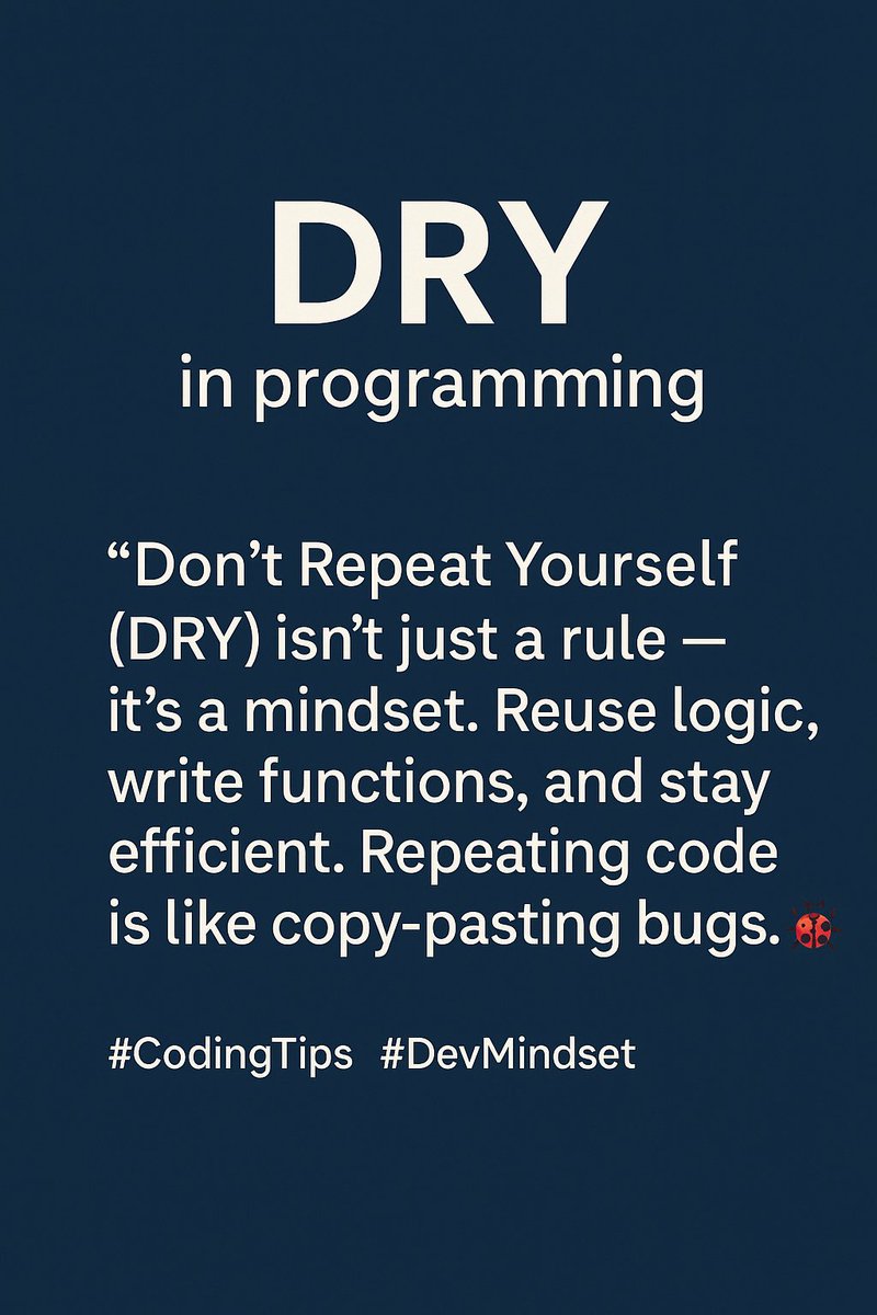 2ndeyibitoye's tweet image. Coding Tips for Today:
Don&apos;t Repeat Yourself (DRY) isn&apos;t just a rule; it&apos;s a mindset. Reuse logic, write functions, and stay efficient. Repeating code is like copy-pasting bugs. 🤣🤣🤣🐞 #CodingTips #DevMindset