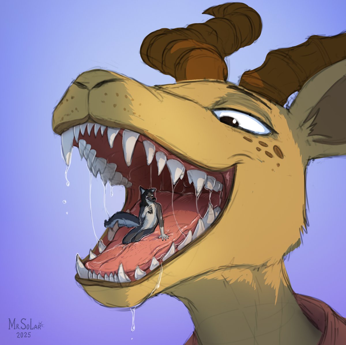 A sketch for an anonymous client.    

There is an alternative NSFW version of this drawing on my patreon, as well as many other things on the topic of vore: patreon.com/posts/in-melon…

#vore #beastars #furry