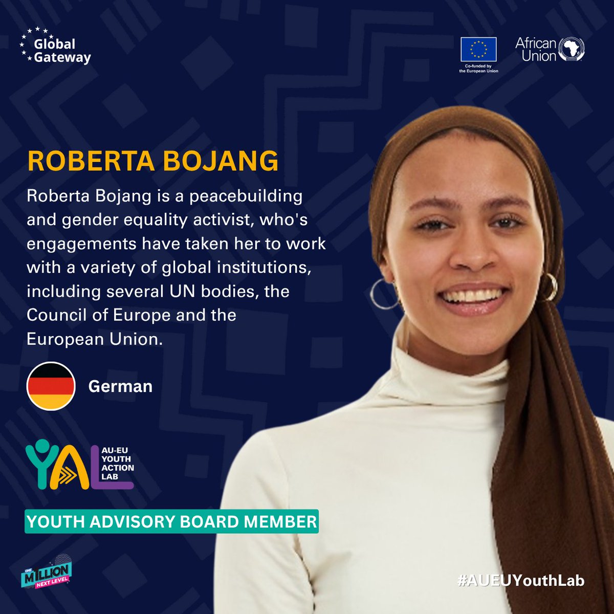 Meet Roberta Bojang, a peacebuilding and gender equality activist from Germany 🇩🇪. From collaborating with the UN, EU &amp; Council of Europe to co-founding UNGAE, Roberta champions youth inclusion &amp; African-European exchange through policy, dialogue and skills-building.

As a member