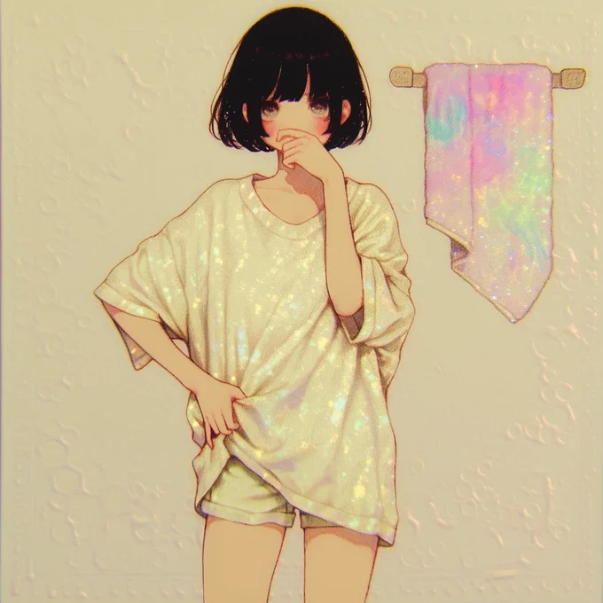 虹色タオルとショートパンツ