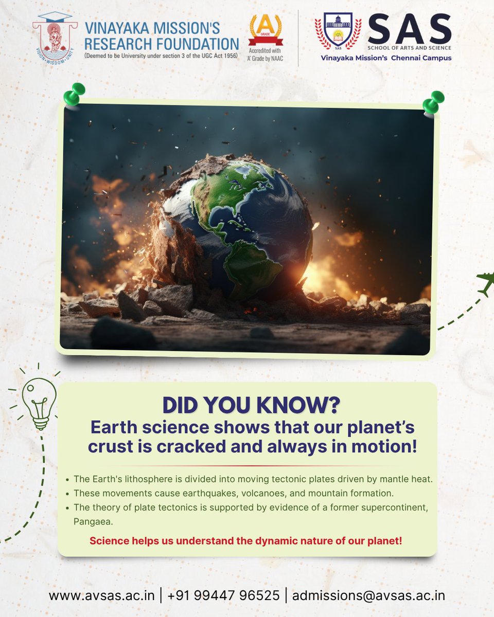 avsas_ac_in's tweet image. Cracked, but Constantly Moving!
Earth isn’t as still as it seems — its crust is made of shifting plates that shape mountains, spark volcanoes, and trigger quakes. 

Science in motion. Knowledge for life.

#EarthScience #DynamicPlanet #SASChennai #VMRF #ScienceExplained