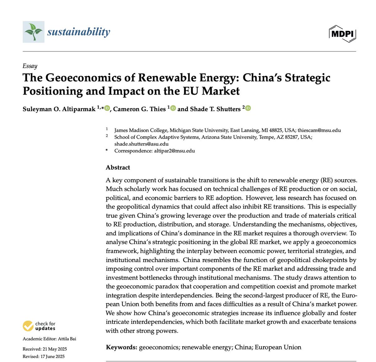Süleyman Orhun Altıparmak (@suleymanorhun) on Twitter photo Our work on "The Geoeconomics of Renewable Energy: China’s Strategic Positioning and Impact on the EU Market" is published in Sustainability. <a href="/CameronThies/">Cameron Thies</a> <a href="/Dr_Shutters/">Shade T. Shutters</a>
mdpi.com/2071-1050/17/1… Our work on "The Geoeconomics of Renewable Energy: China’s Strategic Positioning and Impact on the EU Market" is published in Sustainability. <a href="/CameronThies/">Cameron Thies</a> <a href="/Dr_Shutters/">Shade T. Shutters</a>
mdpi.com/2071-1050/17/1…