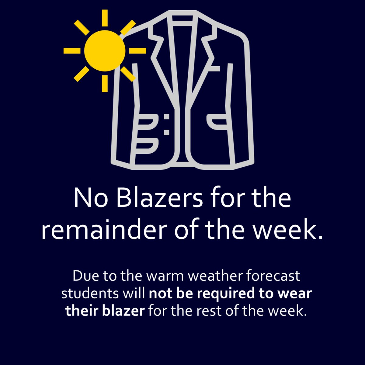 Hot Weather Update – (30 June – 4 July)
Due to the hot weather forecast for next week, students will not need to wear their blazers. 
Please also remember to bring a refillable bottle to school. 
Unless told otherwise, full uniform will be expected again from Monday 7 July.
