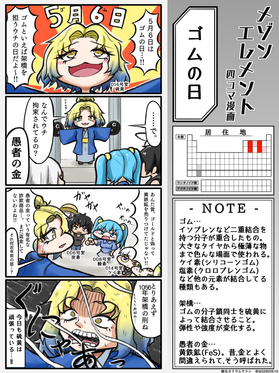 M32820510's tweet image. 【四コマ漫画まとめ3】
009話 : ゴムの日
010話 : ランキング① ぼっちランキング
011話 : 無限重合編
012話 : 全ての食材に感謝を込めて

#メゾンエレメント #元素 #化学