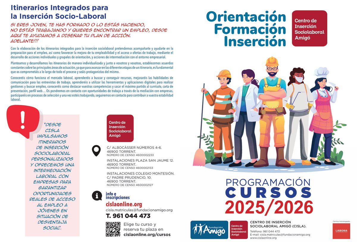 Fundación Amigó (@fundacion_amigo) on Twitter photo Hoy os presentamos la oferta formativa de nuestro Centro de Inserción Sociolaboral Amigó para el curso 2025/2026.
📷 Si estás interesado/a en inscribirte o quieres más información, puedes escribir a cisla.matriculas@fundacionamigo.org Hoy os presentamos la oferta formativa de nuestro Centro de Inserción Sociolaboral Amigó para el curso 2025/2026.
📷 Si estás interesado/a en inscribirte o quieres más información, puedes escribir a cisla.matriculas@fundacionamigo.org