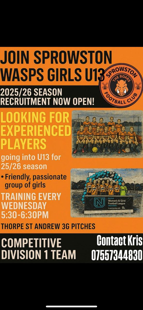 Sprowston Wasps Girls Football Team are looking for experienced players to join them heading into U13s Division 1 next season. 

Please reshare: <a href="/NorfolkCountyFA/">Norfolk County FA</a> <a href="/NWGFL/">NWGFL</a>