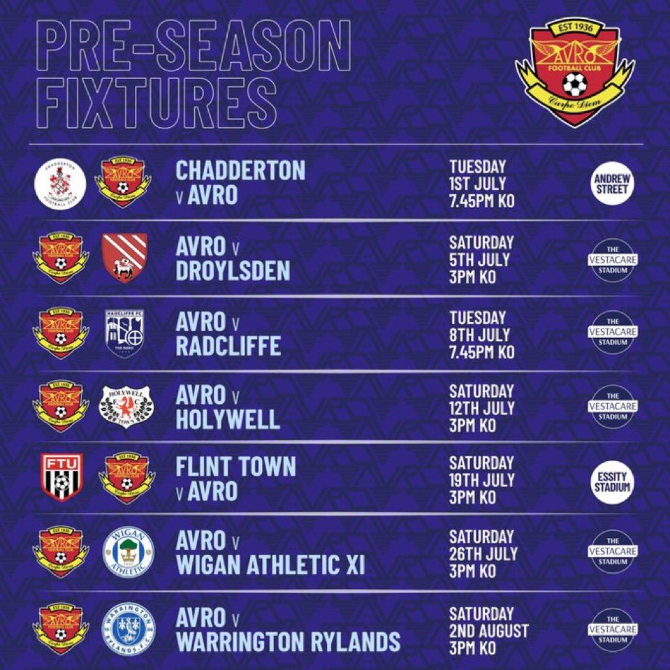 <a href="/AvroFC/">Avro FC</a> begin our preseason games on Tuesday (7-45pm) with a visit to <a href="/ChaddertonFC/">Chadderton FC</a> and their new 4G pitch. It’s a while since our last visit to Andrew St and we’re looking forward to visiting. New era for <a href="/AvroFC/">Avro FC</a> under Grant Shenton, hope to see as many as possible there !