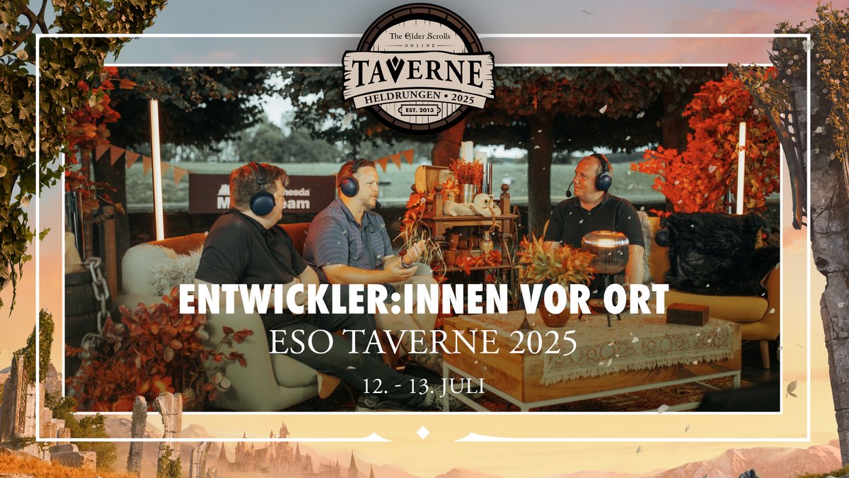 Ihr wolltet immer mal einen Blick hinter die Kulissen erhaschen und euren liebsten ESO Entwickler:innen persönliche Fragen stellen? 
Dann habt ihr auf der #ESOTAVERN die Chance dazu!

Ob an einem Roundtable vor Ort, oder gemütlich zu Hause vor dem Stream - hier seid ihr richtig!