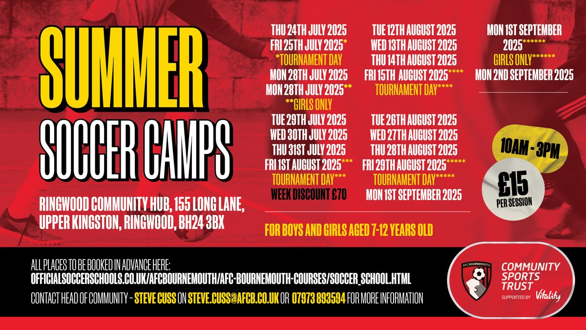 AFCB Community (@afcbcommunity) on Twitter photo Summer Soccer Camps at <a href="/RingwoodHub/">Ringwood Community Hub</a>
Book here ⤵️
Week One - shorturl.at/OMkvS
Week Two - shorturl.at/pOfCD
Week Three - shorturl.at/mCxps
Week Four - shorturl.at/V2iLk
Week Five - tinyurl.com/yh5rw2a3
Girls Only - tinyurl.com/59k23zc4 Summer Soccer Camps at <a href="/RingwoodHub/">Ringwood Community Hub</a>
Book here ⤵️
Week One - shorturl.at/OMkvS
Week Two - shorturl.at/pOfCD
Week Three - shorturl.at/mCxps
Week Four - shorturl.at/V2iLk
Week Five - tinyurl.com/yh5rw2a3
Girls Only - tinyurl.com/59k23zc4