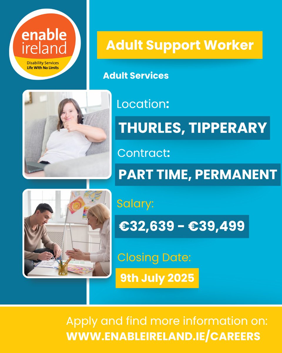 EnableIreland's tweet image. We're on the lookout for dedicated Support Workers, Psychologists, Staff Nurses and more to join our incredible team! 🤝🧡
Apply to make a difference in the lives of people with disabilities: enable-ireland.rezoomo.com
#EnableIreland #DisabilityServices #IrishJobs #Vacancy