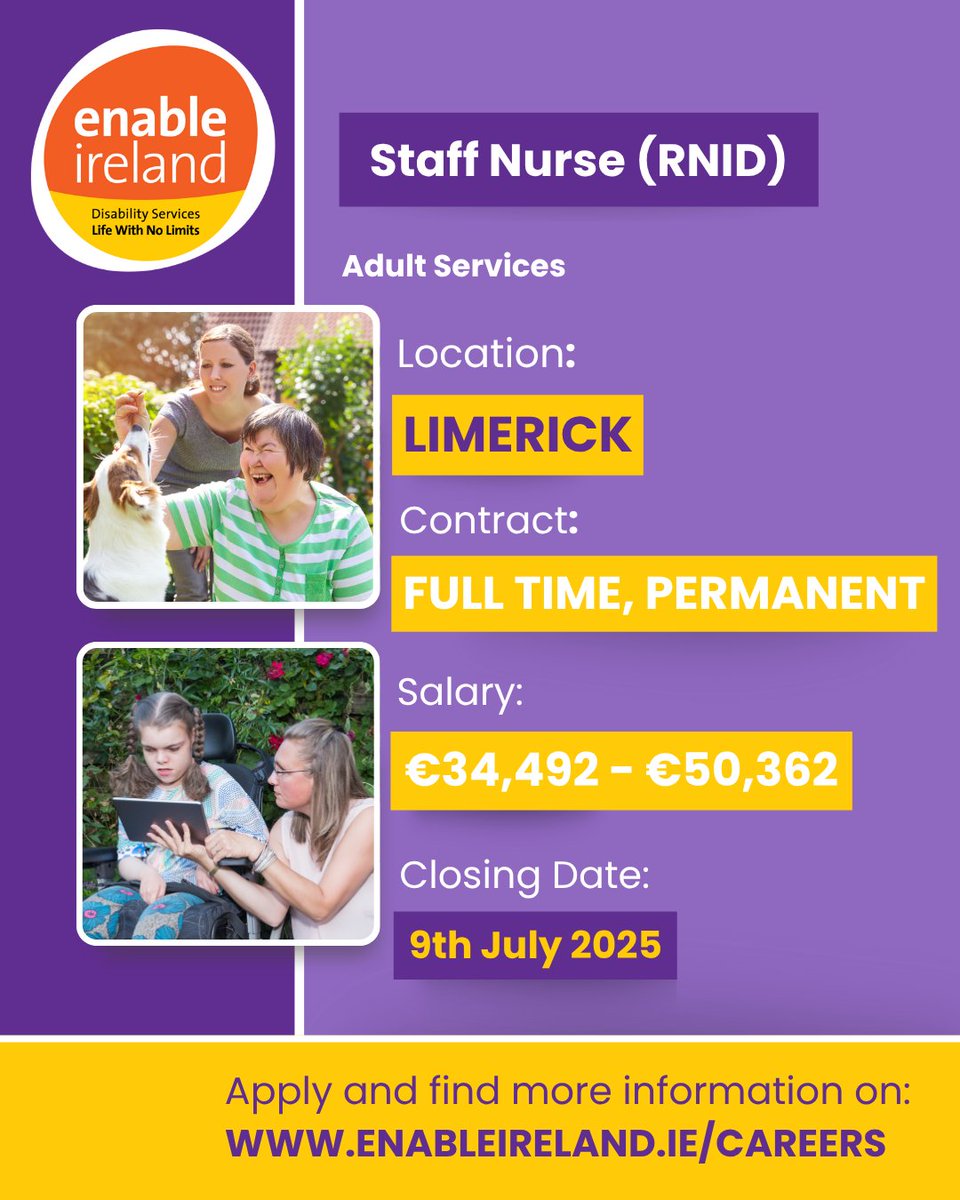 EnableIreland's tweet image. We're on the lookout for dedicated Support Workers, Psychologists, Staff Nurses and more to join our incredible team! 🤝🧡
Apply to make a difference in the lives of people with disabilities: enable-ireland.rezoomo.com
#EnableIreland #DisabilityServices #IrishJobs #Vacancy