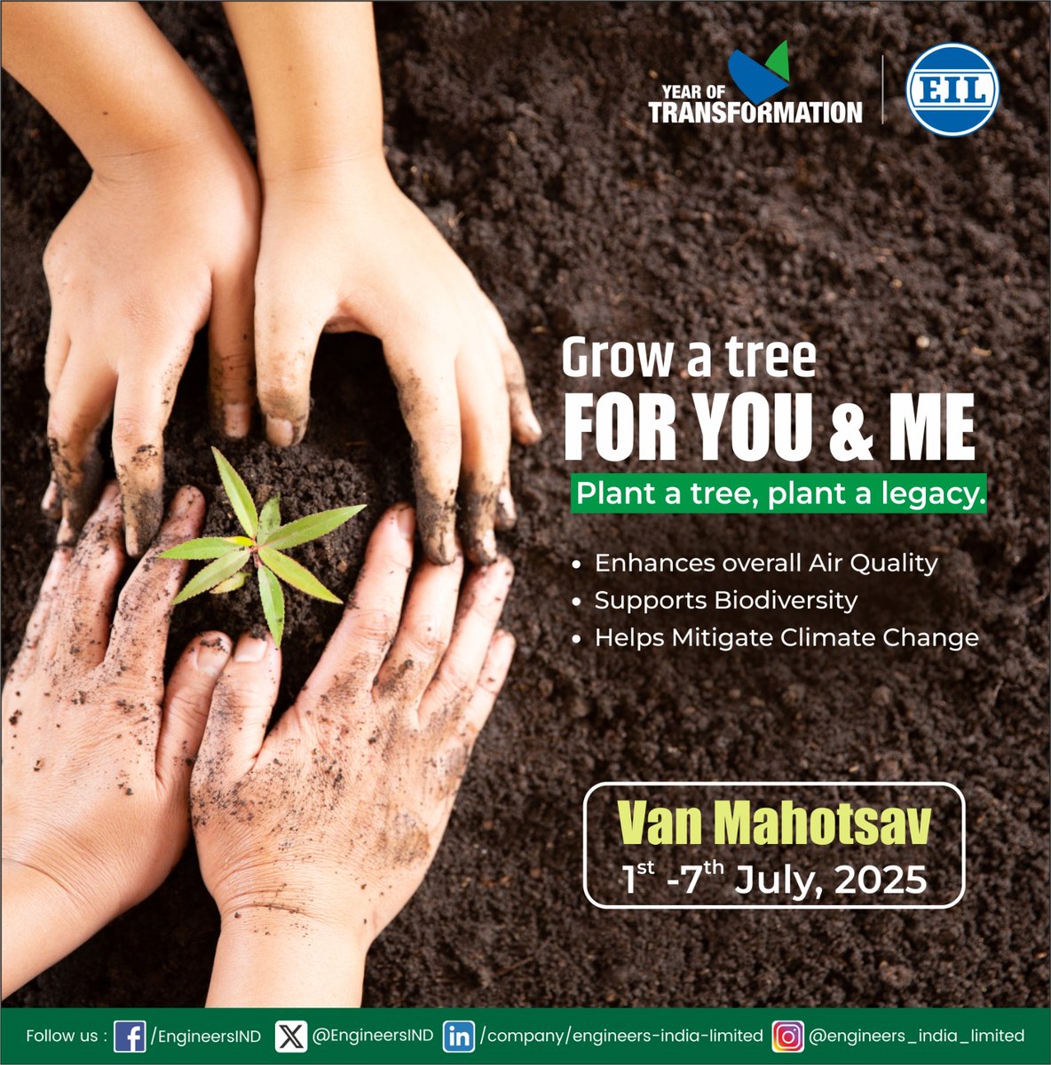 Engineers India (@engineersind) on Twitter photo Grow a tree, for you & me. 🌿
Celebrate #VanMahotsav by planting a tree that supports biodiversity, improves air quality and fights climate change.
Plant a tree, plant a legacy.
<a href="/HardeepSPuri/">Hardeep Singh Puri</a> <a href="/TheSureshGopi/">Suressh Gopi</a> <a href="/Vartika15791157/">Vartika Shukla</a>
#EIL #TeamEIL #YearOfTransformation #GreenFuture Grow a tree, for you & me. 🌿
Celebrate #VanMahotsav by planting a tree that supports biodiversity, improves air quality and fights climate change.
Plant a tree, plant a legacy.
<a href="/HardeepSPuri/">Hardeep Singh Puri</a> <a href="/TheSureshGopi/">Suressh Gopi</a> <a href="/Vartika15791157/">Vartika Shukla</a>
#EIL #TeamEIL #YearOfTransformation #GreenFuture