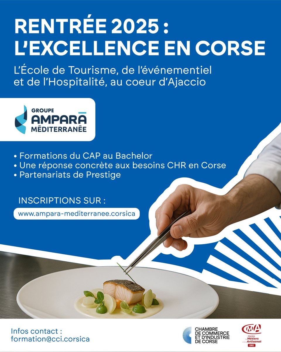 🎓 L’École du Tourisme et de l’Hospitalité ouvrira ses portes à Ajaccio fin 2025 !
📍Formations du CAP au Bachelor
🤝Partenariats de prestige (Savignac, Avignon)
👨‍🍳 Une réponse concrète aux besoins de recrutement en Corse
🔗Candidature 👉 ampara-mediterranee.corsica/candidature/ca…