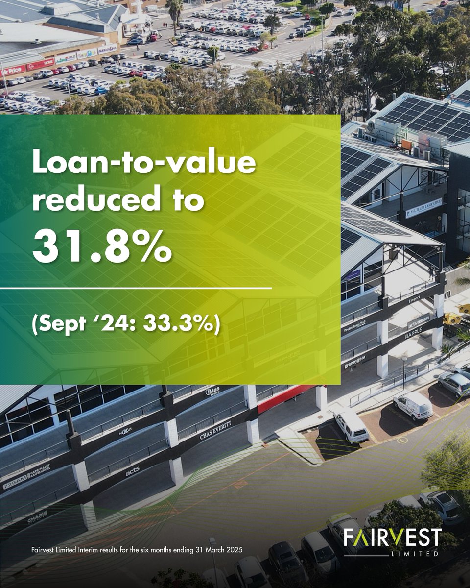 We’ve lowered our loan-to-value ratio to 31.8%, strengthening our balance sheet. Giving us headroom to consider opportunities. 

#FairvestLimited #GrowthThatMovesYou